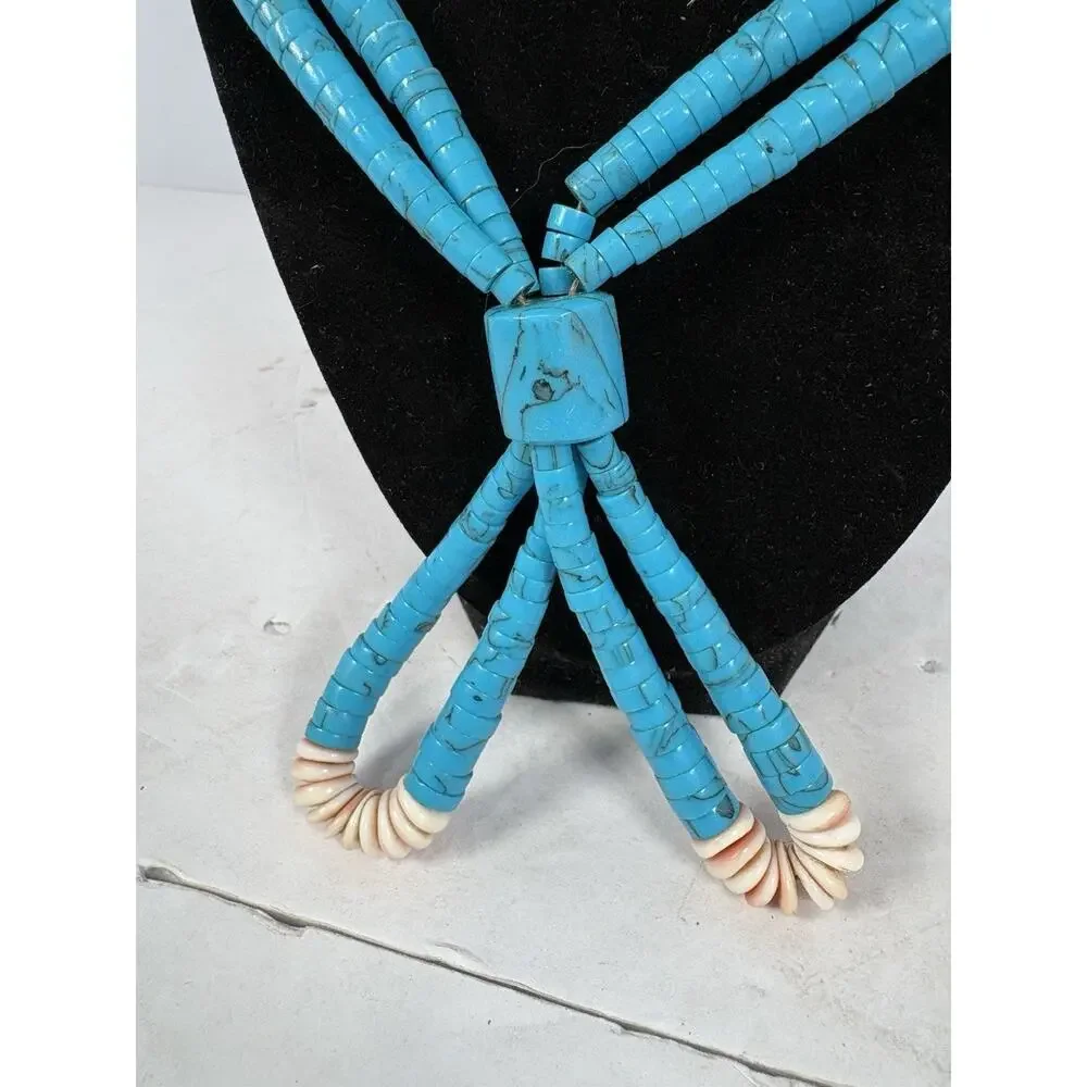 Vintage Southwestern Turquoise Color Heishi Shell Bead Bolo Necklace Adjustable